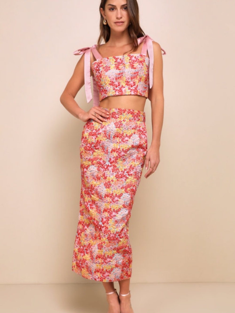 Lulus Pink Floral Metallic Bow Tie-Strap Two-Piece XS Dress Midi Maxi Party NWT
